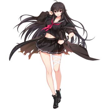 1girl ahoge bandaged_leg bandages bare_legs black_boots black_sailor_collar black_serafuku black_skirt boots breasts brown_hair brown_jacket cleavage collarbone cropped_shirt full_body game_asset hand_on_own_hip hand_up highres iris_yuma jacket large_breasts last_origin long_hair looking_at_viewer miniskirt navel neckerchief non-web_source official_art open_clothes open_jacket open_mouth pleated_skirt red_eyes red_neckerchief sailor_collar school_uniform serafuku sidelocks simple_background skindentation skirt smile solo soulworker standing tachi-e torn_clothes torn_jacket torn_neckerchief transparent_background upper_body