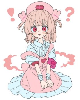 !? 1girl age_regression aged_down colored_smoke natori_sana natori_sana_(nurse) nobu-k open_mouth oversized_clothes sana_channel smoke solo strap_slip sweat white_background