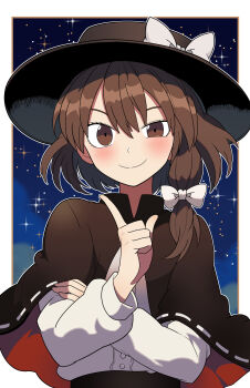1girl black_capelet black_hat black_skirt blush bollzzalguy bow brown_eyes brown_hair capelet closed_mouth commentary hat hat_bow highres long_sleeves looking_at_viewer night ribbon-trimmed_capelet ribbon_trim shirt shirt_tucked_in skirt sky smile solo star_(sky) touhou usami_renko white_bow white_shirt