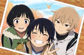 3boys androgynous black_hair boku_dake_ga_inai_machi brown_eyes brown_hair brown_mittens coat commentary_request dated fujinuma_satoru ginkgo_leaf green_coat grey_jacket grin jacket kobayashi_kenya leaf mairu_(582284310) male_focus mittens multiple_boys open_mouth photo_(object) purple_eyes short_hair smile sugita_hiromi v