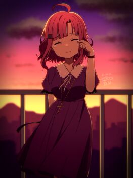 Rule 34 | 1girl, ahoge, closed eyes, closed mouth, commentary request, contrast collar, dress, facing viewer, gakkou gurashi!, hair ornament, hairclip, outdoors, purple dress, railing, sad, sad smile, sakura megumi, short hair, smile, solo, sunset, tears, wiping tears, yowaifish