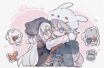 Rule 34 | 2girls, alternate costume, artist self-insert, belt, black pantyhose, blue coat, chibi, chibi only, chinese commentary, closed mouth, coat, coffee, commentary request, commission, commissioner insert, couple, cup, grey hair, happy, hat, head tilt, heterochromia, holding, holding cup, incoming hug, jacket, long hair, long sleeves, looking at viewer, mittens, multiple girls, oc x canon, open mouth, original, pantyhose, pouch, shade, smile, standing, succii-sunbringer, sunbringer (zenless zone zero), upper body, white hair, yellow eyes, yuri, zenless zone zero