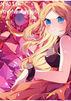 Rule 34 | 1girl, :>, anniversary, black shirt, blonde hair, blue eyes, border, breasts, highres, long hair, looking at viewer, mega ring, nintendo, no headwear, pokemon, pokemon xy, purple background, red skirt, serena (pokemon), shirt, simple background, skirt, sleeveless, sleeveless shirt, smile, solo, standing, to camellia, upper body, white border