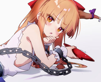 1girl alcohol bow brown_hair brown_horns chain chikuzen1996 convenient_censoring cuffs cup drunk hand_on_own_face highres horn_ornament horn_ribbon horns ibuki_suika long_hair looking_at_viewer lying on_stomach oni orange_eyes parted_lips red_bow ribbon sakazuki sake scrunchie shirt simple_background solo torn_clothes torn_sleeves touhou white_background white_shirt wrist_scrunchie