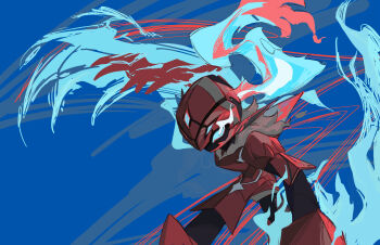 1other alternate_color alternate_design alternate_shiny_pokemon armor black_skin blue_background blue_sclera breastplate ceruledge claws colored_sclera colored_skin commentary cowboy_shot english_commentary fakemon fighting_stance fur-trimmed_armor fur_trim gauntlets helmet highres hitodama leaning_forward leg_armor nintendo outstretched_arm pauldrons plume pokemon pokemon_(creature) pokemon_focus red_armor red_helmet shoulder_armor white_eyes wofwofcrocodile