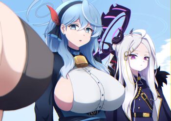 3girls ahoge ako_(blue_archive) bikini black_bikini black_coat blue_archive blue_eyes blue_hair blue_sky breasts coat coat_on_shoulders commentary_request day demon_girl demon_horns halo hasumi_(blue_archive) hasumi_(swimsuit)_(blue_archive) highres hina_(blue_archive) horns large_breasts long_hair medium_hair multiple_girls outdoors sideboob sky small_breasts sotomichi swimsuit upper_body white_hair