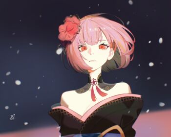 1girl bare_shoulders black_kimono blurry blurry_background bob_cut closed_mouth commentary detached_collar english_commentary expressionless floating_hair flower hair_flower hair_ornament highres hololive hololive_english japanese_clothes kimono looking_at_viewer mori_calliope mori_calliope_(new_year) ninochuu off_shoulder official_alternate_costume official_alternate_hairstyle pink_eyes pink_hair short_hair snowing solo upper_body