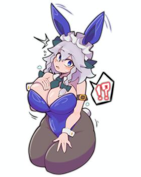 !? :o ^^^ absurdres animal_ears armband black_border bloom blue_eyes blue_leotard blush border bow braid braided_sidelocks breasts brown_armband brown_pantyhose buckle cleavage collar commentary_request cowboy_shot cropped_legs crossed_bangs doctor5648 fake_animal_ears fake_tail flying_sweatdrops green_bow green_necktie hair_between_eyes hair_bow hand_on_own_thigh heart highres izayoi_sakuya large_breasts leotard maid_headdress medium_hair motion_lines necktie open_mouth pantyhose playboy_bunny rabbit_ears rabbit_tail short_necktie signature simple_background solo speech_bubble spoken_interrobang strapless strapless_leotard surprised sweatdrop tail thick_thighs thighs touhou user_interface white_background white_collar white_hair white_wrist_cuffs wrist_cuffs