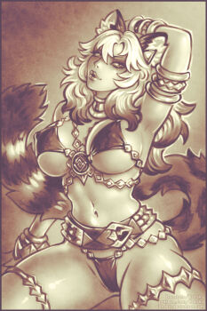 1girl alternate_breast_size_(larger) alternate_costume animal_ear_fluff animal_ears arm_up armlet armpits belt bikini bracelet breasts candra commentary covered_erect_nipples english_commentary face_piercing genshin_impact geo_symbol_(genshin_impact) jewelry large_breasts leopard_ears leopard_tail lip_piercing lips long_hair looking_at_viewer monochrome multicolored_hair navel parted_lips piercing solo swimsuit tail thighlet watermark web_address xilonen_(genshin_impact)