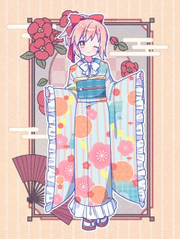 Rule 34 | 1girl, ;), absurdres, blue kimono, blue sash, blush, bow, bowtie, brown sandals, closed mouth, commentary request, dot nose, floral print, floral print kimono, frilled kimono, frilled sleeves, frills, full body, fumino sayuki, gingham sash, hair bow, hands up, highres, japanese clothes, kimono, long sleeves, looking at viewer, magia record: mahou shoujo madoka magica gaiden, mahou shoujo madoka magica, obi, okobo, one eye closed, outline, pink hair, platform sandals, ponytail, print kimono, red bow, ruru (rurumagi), sandals, sash, short hair, smile, socks, solo, standing, striped background, striped clothes, striped kimono, tabi, twitter username, vertical-striped background, vertical-striped clothes, vertical-striped kimono, white bow, white bowtie, white outline, white socks, wide sleeves, yellow eyes