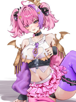 1girl absurdres badkrol breasts cleavage cleavage_cutout clothing_cutout demon_girl demon_horns demon_wings dress heart_cutout highres horns indie_virtual_youtuber ironmouse large_breasts looking_at_viewer multicolored_hair open_mouth pink_hair purple_eyes purple_hair self-upload simple_background smile solo streaked_hair tail two-tone_hair two_side_up virtual_youtuber wings