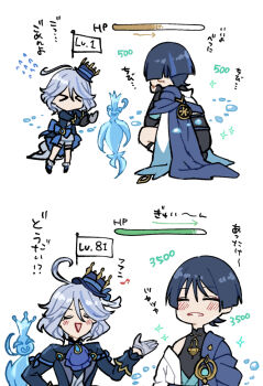 >_< 1boy 1girl adxdm ahoge ascot asymmetrical_gloves belt black_belt black_bodysuit black_bridal_gauntlets black_gloves black_hair black_jacket black_shorts black_sleeves black_suit blue_bow blue_cape blue_gemstone blue_hair blue_hat blue_kimono blunt_ends blush bodysuit bow bridal_gauntlets brooch cape closed_eyes cowlick eyeliner eyeshadow facing_another facing_viewer flag formal_clothes furina_(genshin_impact) furisode gameplay_ability gameplay_mechanics gem genshin_impact gloves gold grey_gloves hand_on_own_cheek hand_on_own_face hand_up hat healing health_bar jacket japanese_clothes jewelry juban kimono lapels layered_ascot level_difference long_sleeves makeup mandarin_collar mini_hat mini_top_hat mismatched_gloves multicolored_hair open_clothes open_hand open_jacket open_kimono open_mouth outstretched_arms parted_lips purple_ascot red_eyeliner red_eyeshadow scaramouche_(genshin_impact) shorts singer_of_many_waters_(genshin_impact) single_off_shoulder squatting streaked_hair suit suit_jacket thigh_strap top_hat triangle_mouth vest vision_(genshin_impact) wanderer_(genshin_impact) water_drop white_hair white_kimono white_mouth white_shorts white_sleeves white_vest