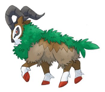 absurdres commentary english_commentary from_side gen_6_pokemon goat gogoat hatching_(texture) highres hooves horns nintendo no_humans pokemon pokemon_(creature) pokemon_focus pr_quote red_eyes simple_background solo white_background