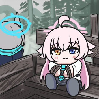 2girls :3 ahoge animal_ears blue_archive blue_eyes blue_halo blue_necktie blue_scarf blush chibi day from_behind full_body grey_hair hair_between_eyes halo heterochromia highres hoshino_(blue_archive) huge_ahoge long_hair long_sleeves looking_at_viewer meme multiple_girls necktie outdoors parody peppo-mk3 pink_hair pink_halo restrained scarf scene_reference shiroko_(blue_archive) shirt sitting skirt smile the_elder_scrolls the_elder_scrolls_v:_skyrim very_long_hair white_shirt wolf_ears wolf_girl yellow_eyes you're_finally_awake_(meme)