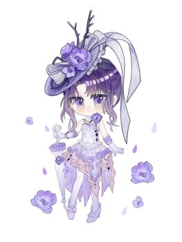 1girl bare_shoulders bead_bracelet bead_necklace beads boots bow bracelet chibi chinese_commentary closed_mouth closed_umbrella collar commentary_request detached_collar dot_nose dress expressionless eyes_visible_through_hair flower footwear_bow frilled_boots frilled_dress frilled_gloves frilled_headwear frilled_umbrella frills gloves grey_bow hat hat_bow hat_flower high_collar high_heel_boots high_heels highres holding holding_umbrella infinity_nikki jewelry jitome knees large_bow light_blush light_frown long_dress looking_at_viewer mistbound_whispers_(infinity_nikki) neck_flower necklace nikki_(series) pantyhose parasol parted_bangs petals purple_boots purple_bow purple_eyes purple_flower purple_hair purple_hat qingxiaobai792 short_hair_with_long_locks sidelocks simple_background solo standing sun_hat tailcoat umbrella wavy_hair white_background white_collar white_dress white_gloves white_pantyhose