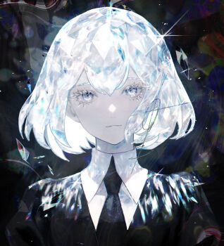 1other androgynous black_background black_necktie black_shirt blue_eyes closed_mouth collared_shirt colored_eyelashes crystal crystal_hair diamond_(houseki_no_kuni) expressionless eyelashes gem gem_uniform_(houseki_no_kuni) glint glowing glowing_hair hair_between_eyes ham_melon_(iloha_24) houseki_no_kuni looking_at_viewer multicolored_hair necktie pale_skin portrait rainbow_hair shards shirt short_hair sidelocks solo white_shirt wing_collar