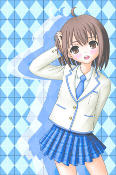 1girl :o ahoge argyle_background blue_necktie blue_skirt blush brown_eyes brown_hair collared_shirt colored_shadow commentary_request cowboy_shot drop_shadow hand_on_own_head jacket long_sleeves looking_at_viewer miniskirt necktie open_mouth original plaid_clothes plaid_skirt pleated_skirt school_uniform shadow shirt short_hair skirt solo standing teeth top_of_moe_2013 tutifutatu upper_teeth_only white_jacket white_shirt