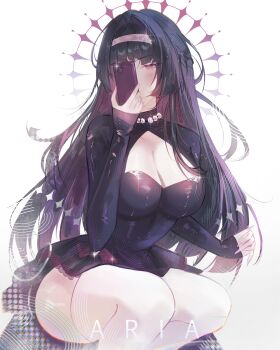 1girl a_r_i_a absurdres artist_name astra_yao astra_yao_(chandelier) black_dress black_hair breasts cleavage commentary dress hairband highres holding holding_phone large_breasts long_hair official_alternate_costume phone purple_eyes selfie shrug_(clothing) simple_background solo squatting thighhighs thighs very_long_hair white_background white_hairband white_thighhighs zenless_zone_zero