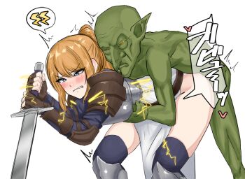 1boy 1girl armor blonde_hair blue_hair blush breasts colored_skin defeat female_knight goblin goblin_male grabbing_from_behind green_eyes green_skin heart holding holding_sword holding_weapon interspecies japanese_text knight long_hair medium_breasts monster nene_yamada nipples nude open_mouth original pointy_ears rape sex sex_from_behind simple_background speech_bubble sword thought_bubble vaginal warrior weapon white_background