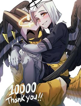 1boy 1girl :d adam_(hazbin_hotel) arm_around_neck arm_around_shoulder armored_boots armored_gloves black_gloves black_halo black_wings blush bob_cut boots carrying carrying_person colored_sclera colored_teeth commentary dress elbow_gloves english_commentary feathered_wings feet_out_of_frame gloves glowing glowing_halo grey_boots grey_dress grey_gloves grin halo hand_on_another&#039;s_shoulder hazbin_hotel hellaverse highres horns hug long_sleeves looking_at_viewer lute_(hazbin_hotel) mask michelin_(p0lo09) milestone_celebration open_mouth outline robe sharp_teeth short_hair simple_background smile teeth thigh_boots twitter_username two-tone_wings uneven_eyes upper_body white_background white_hair white_halo white_outline white_wings wide_sleeves wings yellow_eyes yellow_robe yellow_sclera yellow_teeth yellow_wings