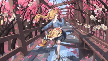 1girl :d absurdres bag black_skirt blue_sweater blush brown_footwear deepvocal dianying eyewear_on_head floating_hair flower from_behind highres holding holding_bag long_hair long_sleeves open_mouth orange_eyes petals pink_flower ponytail poodle rui_(rei_leyi) skirt smile solo standing standing_on_one_leg sunglasses sweater white_flower