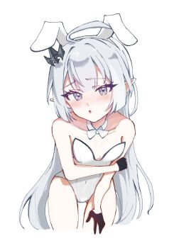 1girl ahoge animal_ears black_gloves blue_eyes blush breasts commentary_request covered_navel cropped_legs fake_animal_ears gloves grey_hair hand_on_own_elbow leotard long_hair nekozuki playboy_bunny pointy_ears rabbit_ears simple_background small_breasts solo stella_sora strapless strapless_leotard tyrant_(stella_sora) very_long_hair white_background white_leotard