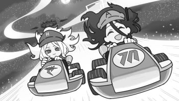 Rule 34 | 2girls, ^ ^, absurdly long hair, ahoge, aris (blue archive), blue archive, newsboy cap, closed eyes, commentary, demon girl, demon horns, driving, go-kart, greyscale, hair between eyes, halo, hat, hina (blue archive), horns, long bangs, long hair, long hair between eyes, looking at another, looking at viewer, mario (series), mario kart, mildtaste, monochrome, multiple girls, nintendo, parted bangs, rainbow road, sidelocks, sky, star (sky), starry sky, untranslatable commentary, very long hair, wavy hair