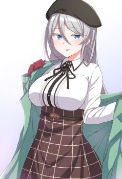 1girl black_hat black_ribbon blue_eyes breasts brown_skirt cinderella_series closed_mouth colored_eyelashes elena_starffin garukichi gloves grey_hair hachigatsu_no_cinderella_nine hair_between_eyes hat high-waist_skirt highres large_breasts neck_ribbon red_gloves removing_coat ribbon shirt skirt solo tongue tongue_out white_shirt