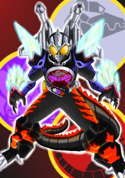 1boy arm_blade belt burning_godzilla cannon crossover garuda_(godzilla) glowing godzilla godzilla_(series) godzilla_vs._destoroyah godzilla_vs._mechagodzilla_ii godzilla_vs._spacegodzilla helmet kaiju kamen_rider kamen_rider_ooo kamen_rider_ooo_(series) looking_at_viewer mask mechagodzilla mini_wings o_medal shoulder_cannon solo spacegodzilla spikes spines suke_(share_koube) super_mechagodzilla tail toho weapon wings yellow_eyes