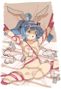 1girl :d absurdres animal_ears arms_up bdsm blue_eyes blue_hair bondage bound breasts card censored commentary_request cuffs fake_animal_ears feet_out_of_frame handcuffs hatsune_miku heart heart-shaped_pupils heart_censor highres kemomimi_eki long_hair looking_at_viewer lying naked_ribbon navel nipples nude on_back open_mouth pink_ribbon playing_card pussy rabbit_ears rabbit_hole_(vocaloid) restrained ribbon ribbon_bondage small_breasts smile solo spread_legs symbol-shaped_pupils twintails vocaloid