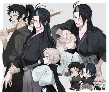 1girl 2boys absurdres aged_down alternate_costume antenna_hair black_hair black_hakama black_kimono black_scarf closed_mouth colored_inner_hair cowboy_shot fate/grand_order fate_(series) food full_body green_kimono grey_hakama grin hakama headpat highres hijikata_toshizou_(fate) holding holding_another&#039;s_arm holding_food holding_sword holding_weapon japanese_clothes kimono kondou_isami_(fate) light_blush long_hair long_sleeves looking_at_another medium_hair multicolored_hair multiple_boys multiple_views okita_souji_(fate) ponytail sandals scarf short_ponytail sidelocks smile sword teeth walking weapon wooden_sword yurumawari zouri