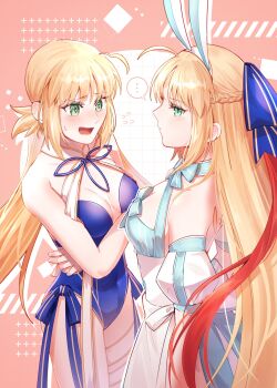 ... 1girl @_@ ahoge animal_ears artoria_caster_(fate) artoria_caster_(swimsuit)_(fate) artoria_caster_(swimsuit)_(first_ascension)_(fate) artoria_caster_(swimsuit)_(second_ascension)_(fate) artoria_caster_(swimsuit)_(third_ascension)_(fate) artoria_caster_(swimsuit_berserker)_(first_ascension)_(fate) artoria_caster_(swimsuit_berserker)_(second_ascension)_(fate) artoria_caster_(swimsuit_berserker)_(third_ascension)_(fate) artoria_pendragon_(fate) bare_back bare_shoulders blue_one-piece_swimsuit blue_ribbon blush bow breasts buttons diamond_(shape) dress fate/grand_order fate_(series) green_eyes hair_between_eyes hair_bow hair_ribbon highres long_hair looking_at_viewer maid one-piece_swimsuit open_mouth ornament pink_background rabbit_ears red_hair ribbon small_breasts smile swimsuit teeth twintails uvula very_long_hair white_dress white_ribbon yamano_udumi