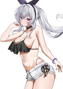 Rule 34 | 1girl, absurdres, armpit crease, bangle, bikini, bikini bottom under shorts, bikini under clothes, black bikini, black bow, black choker, blue eyes, blue nails, bow, bracelet, braid, breasts, choker, cleavage, clenched hand, cowboy shot, criss-cross strings, crossed bangs, floating hair, from side, hair bow, hand up, heterochromia, highleg, highleg bikini, highres, jewelry, large breasts, long hair, looking at viewer, micro shorts, multicolored nails, navel, nemun (tamizzz), neo-porte, ponytail, ponytail with braided base, purple eyes, purple nails, ruffle bikini, shorts, side slit, side slit shorts, sideboob, simple background, solo, star-shaped pupils, star (symbol), stomach, swimsuit, symbol-shaped pupils, tentei forte, two-tone nails, virtual youtuber, white background, white hair, white shorts