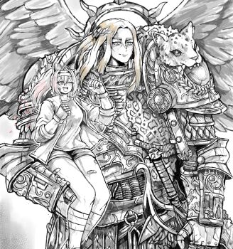 1boy 1girl absurdres armor bandaid_on_thigh commentary crossover ear_covers english_commentary fingerless_gloves flower flower_in_eye gloves greyscale gym_shirt gym_uniform hair_flower hair_intakes hair_ornament haru_urara_(umamusume) headband highres iron_halo jacket laurels leopard_pelt monochrome octosoup open_clothes open_jacket original pauldrons pelt plate_armor sanguinius shirt shorts shoulder_armor socks spot_color sword symbol_in_eye tearing_up umamusume warhammer_40k weapon wings