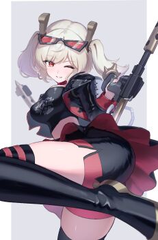 1girl ;d aimo_wotku ass black-framed_eyewear black_jacket black_shorts black_thighhighs black_tube_top blonde_hair blurry blush breasts burnice_white commentary_request depth_of_field eyes_visible_through_hair eyewear_on_head fighting_stance flamethrower grey_background grin hair_between_eyes hand_up highres holding holding_flamethrower holding_weapon jacket looking_at_viewer medium_breasts medium_hair midriff one_eye_closed open_clothes open_jacket open_mouth red-tinted_eyewear red_eyes shorts simple_background smile solo spiked_sleeves strapless sunglasses thighhighs thighs tinted_eyewear tube_top twintails weapon zenless_zone_zero