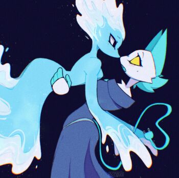 2girls acinaces animal_ears artist_name black_eyes blue_dress blue_tail blush cable cable_tail cat_girl commentary deltarune dress electric_plug electric_plug_tail english_commentary furry furry_female hand_on_another's_hip highres mechanical_tail miss_mizzle monster_girl multiple_girls rayman_limbs slime_girl solid_eyes tail tasque_manager utdr_(toby_fox) water yellow_eyes yuri