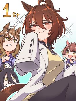 4girls agnes_tachyon_(tach-nology)_(umamusume) agnes_tachyon_(umamusume) ahoge animal_ears black_hair breasts brown_hair commentary dantsu_flame_(umamusume) echieichi english_commentary hair_between_eyes highres horse_ears horse_girl jam_(umamusume) jungle_pocket_(umamusume) lab_coat large_breasts long_hair long_hair_between_eyes long_sleeves manhattan_cafe_(umamusume) medium_hair multiple_girls necktie open_mouth school_uniform sleeves_past_fingers sleeves_past_wrists smile smug tracen_school_uniform umamusume yellow_eyes