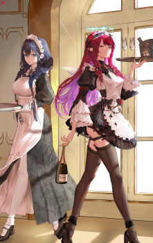 2girls absurdres ankle_garter apron ass black_dress black_shoes black_thighhighs blue_eyes blue_hair bottle braid breasts bucket champagne_bottle champagne_flute cleavage colored_inner_hair crinoline cup door double-parted_bangs dress drinking_glass frilled_hairband frills garter_straps gbk43023471 hairband halo heterochromia highres holding holding_bottle holding_tray hololive hololive_english indoors irys_(hololive) irys_(maid)_(hololive) juliet_sleeves large_breasts long_dress long_hair long_sleeves looking_at_viewer low_twin_braids maid maid_apron maid_headdress medium_breasts multicolored_hair multiple_girls ouro_kronii ouro_kronii_(maid) parted_bangs pink_hair platform_heels platform_shoes pointy_ears puffy_sleeves red_eyes red_hair ringlets shoes short_dress side_slit sunlight thighhighs tray twin_braids virtual_youtuber white_thighhighs wide_sleeves