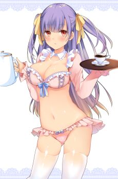 1girl :o bad_id bad_pixiv_id bikini bikini_skirt blonde_hair blush bow breasts cleavage coffee coffee_pot collarbone contrapposto cup detached_collar detached_sleeves disposable_cup drink eyebrows eyelashes female_focus gradient_hair hair_bow highres holding holding_tray large_breasts liquid long_hair long_sleeves looking_at_viewer maid multicolored_hair navel original parted_lips pink_bikini purple_hair red_eyes shiny_skin skin_tight solo standing stomach swimsuit tareme teacup thighhighs tray very_long_hair white_thighhighs yellow_bow yumari_nakura