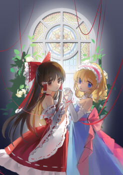 2girls absurdres alice_margatroid alternate_costume back_bow blonde_hair blue_dress bow brown_eyes brown_hair closed_mouth commentary detached_sleeves dress elbow_gloves frilled_bow frilled_hair_tubes frilled_hairband frills gloves hair_bow hair_tubes hairband hakurei_reimu highres holding_hands interlocked_fingers lolita_hairband long_hair looking_at_viewer multiple_girls pink_bow pink_hairband red_bow red_skirt ribbon-trimmed_skirt ribbon-trimmed_sleeves ribbon_trim ryomiesaki skirt skirt_set strapless strapless_dress string string_of_fate touhou white_gloves yuri