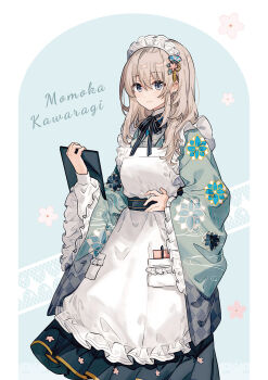1girl absurdres alternate_costume apron blue_eyes brown_hair closed_mouth floral_print frilled_apron frills girls_band_cry green_eyes hair_between_eyes hair_ornament hand_on_own_hip highres holding japanese_clothes kawaragi_momoka kimono long_hair long_sleeves looking_at_viewer maid maid_apron maid_headdress menu migolu neck_ribbon nuoweisenlin_tongren_gongzuoshi ribbon smile solo wa_maid white_apron wide_sleeves
