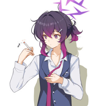 1girl black_vest blue_archive butler cigarette collared_shirt commentary female_butler hair_between_eyes hair_ornament hairclip halo hand_up haruka_(blue_archive) haruka_(suit)_(blue_archive) holding holding_cigarette kooriyama_azuki long_sleeves looking_to_the_side necktie official_alternate_costume ponytail purple_eyes purple_hair purple_halo red_necktie shadow shirt short_ponytail simple_background solo undone_necktie upper_body vest white_background white_shirt