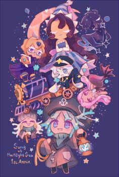 >_o 1boy 6+girls :d alt_text anniversary artist_name bare_shoulders black_hair black_hat black_jacket black_pants blue_dress blue_hair blue_hat blueberry_pie_cookie book brother_and_sister brown_hair buttons cape closed_eyes closed_mouth colored_skin commentary cookie_run cookie_run:_kingdom crescent double-breasted dress english_commentary facing_viewer fins full_body gloves grandmother_and_granddaughter grey_jacket hair_ornament hat head_fins highres holding holding_book holding_lantern holding_rope jacket kanaizu_yh lantern long_dress long_hair long_sleeves looking_at_another looking_at_viewer looking_up low_twintails mermaid milky_way_cookie monster_girl moonlight_cookie multiple_girls mystic_opal_cookie necktie one_eye_closed open_mouth orange_necktie own_hands_together pants petticoat purple_background purple_eyes purple_hair rope shadow_of_a_star short_hair siblings simple_background sleeves_past_fingers sleeves_past_wrists slit_pupils smile sparkle star_(symbol) star_coral_cookie star_hair_ornament stardust_cookie strapless strapless_dress striped_clothes striped_dress striped_hat striped_headwear train twintails u_u veil vertical-striped_clothes vertical-striped_dress wavy_hair white_coral_cookie white_gloves white_hair white_skin wizard_hat