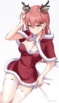 1girl animal_ears antlers breasts capelet cleavage closed_mouth commentary deer_ears dress english_commentary fake_animal_ears fake_antlers frilled_capelet frills fur-trimmed_dress fur_trim hand_up highres horns kaetzchen large_breasts liliya_(kaetzchen) long_hair looking_at_viewer mole mole_on_breast original pink_hair red_capelet red_dress reindeer_antlers short_dress simple_background skindentation solo strapless strapless_dress thighhighs white_background white_thighhighs yellow_eyes zettai_ryouiki