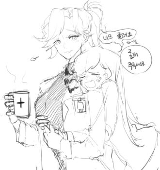 2girls age_difference blush closed_eyes coffee_mug crying cup d.va_(overwatch) hand_grab hug hug_from_behind korean_text lab_coat long_hair long_sleeves mercy_(overwatch) monochrome mug multiple_girls mwo_imma_hwag open_mouth ponytail yuri