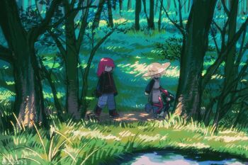 1boy 1girl black_jacket bouro73 commentary_request day forest gen_2_pokemon grass hat highres jacket long_sleeves nature nintendo no_mouth outdoors pants pokemon pokemon_(creature) pokemon_adventures pond red_hair silver_(pokemon) sneasel tree tunic walking water yellow_(pokemon)