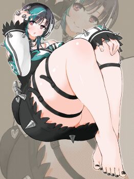 1girl barefoot black_choker black_hair black_jacket black_nails black_skirt choker earrings feet green_hair hand_on_own_head hand_on_own_knee headphones hololive hololive_dev_is jacket jewelry knees_up kono_(konomi9a) lips mole mole_on_neck multicolored_hair multiple_rings nail_polish off-shoulder_jacket off_shoulder open_mouth pendant_choker pink_eyes rindo_chihaya ring short_hair skindentation skirt solo steering_wheel tank_top thick_thighs thigh_strap thighs toenail_polish toenails virtual_youtuber white_tank_top wolf_cut