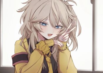 Rule 34 | 1girl, arazan (ara arazan24), armband, black shirt, blonde hair, blue eyes, blush, cardigan, elbow rest, fang, hashtag-only commentary, indoors, kasukabe tsumugi, long hair, long sleeves, loose necktie, messy hair, mole, mole under eye, necktie, one side up, open cardigan, open clothes, open mouth, scrunchie, shirt, skin fang, smile, solo, v, voicevox, window, windowsill, wrist scrunchie, yellow cardigan, yellow necktie, yellow scrunchie