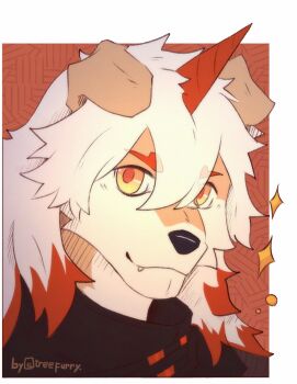 1boy arknights artist_name black_shirt closed_mouth colored_tips commentary english_commentary fang fang_out furry furry_male highres horns hung_(arknights) komainu_boy komainu_ears looking_at_viewer male_focus multicolored_hair shirt single_horn smile sparkle treefurry upper_body