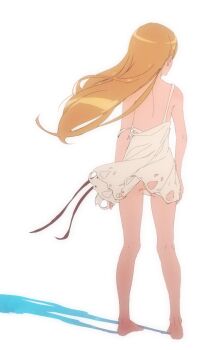 1girl ass back bakemonogatari bare_legs barefoot blonde_hair bottomless butterchalk clothing_cutout commentary dress facing_away feet floating_hair from_behind full_body highres kiss-shot_acerola-orion_heart-under-blade kiss-shot_acerola-orion_heart-under-blade_(young) kneepits legs loli long_hair looking_to_the_side median_furrow monogatari_(series) no_panties no_pussy oshino_shinobu simple_background sleeveless sleeveless_dress solo standing strap_slip very_long_hair white_background white_dress